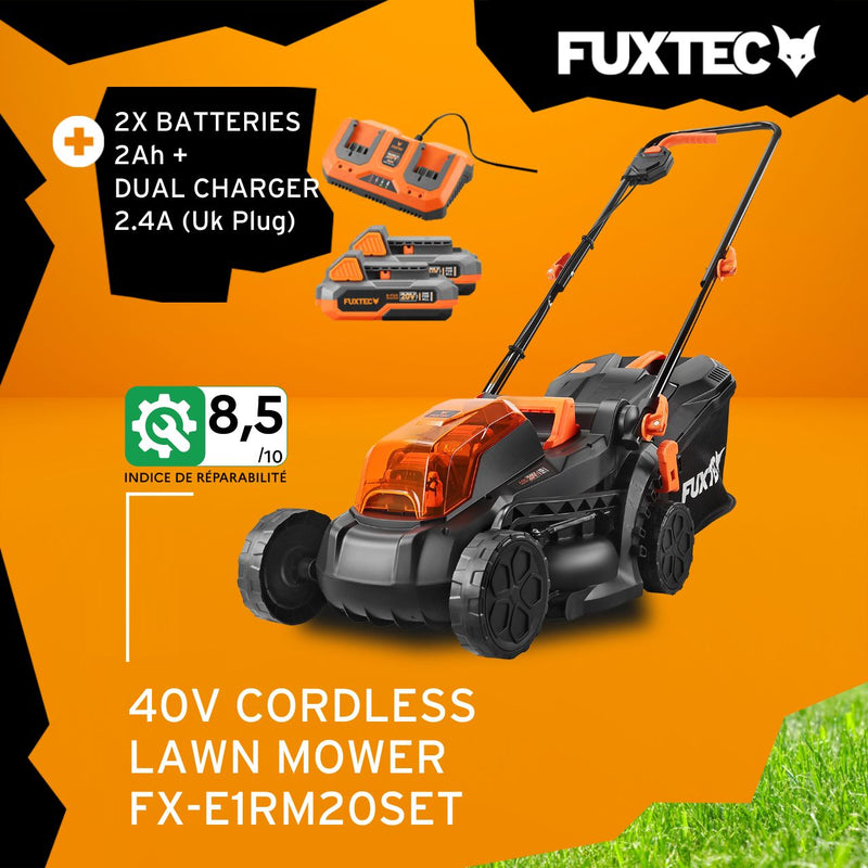 FUXTEC 40V Cordless Lawn Mower E1RM20 - 33cm Cutting Width, 2x 20V Li-Ion Batteries (2Ah) & Dual Charger Included, Adjustable Cutting Height