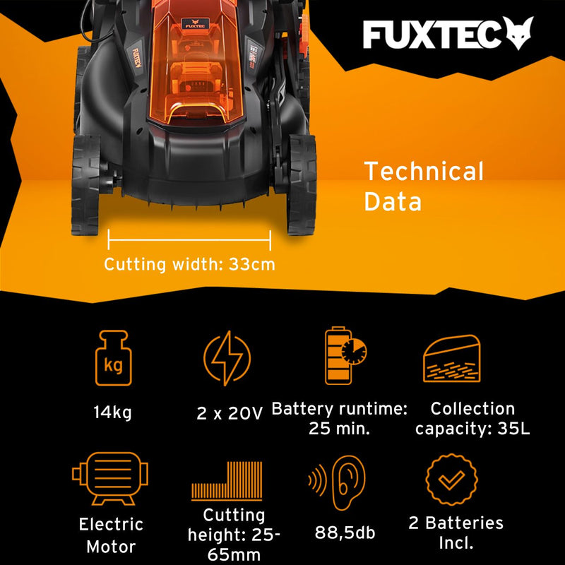 FUXTEC 40V Cordless Lawn Mower E1RM20 - 33cm Cutting Width, 2x 20V Li-Ion Batteries (2Ah) & Dual Charger Included, Adjustable Cutting Height