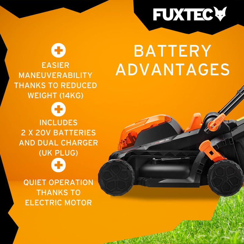 FUXTEC 40V Cordless Lawn Mower E1RM20 - 33cm Cutting Width, 2x 20V Li-Ion Batteries (2Ah) & Dual Charger Included, Adjustable Cutting Height