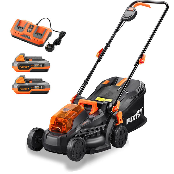 FUXTEC 40V Cordless Lawn Mower E1RM20 - 33cm Cutting Width, 2x 20V Li-Ion Batteries (2Ah) & Dual Charger Included, Adjustable Cutting Height